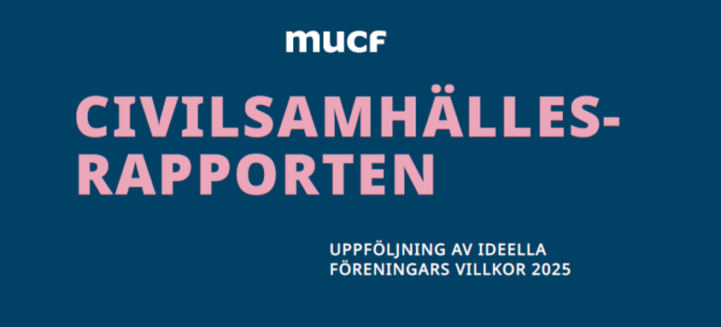 Bild med text som är "MUCF. Civilsamhällesrapporten, Uppföljning av ideella föreningars villkor 2025.